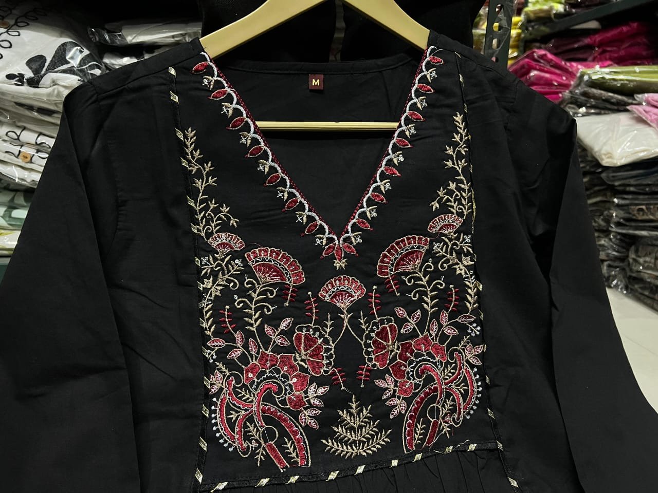 Black Natra Cut Embroidered Kurta Set